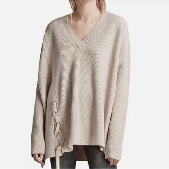 ALL SAINTS Able Oversized V-Neck Asymmetrical Beige Lace-Up Hem Sweater XS/Small - Picture 1 of 11